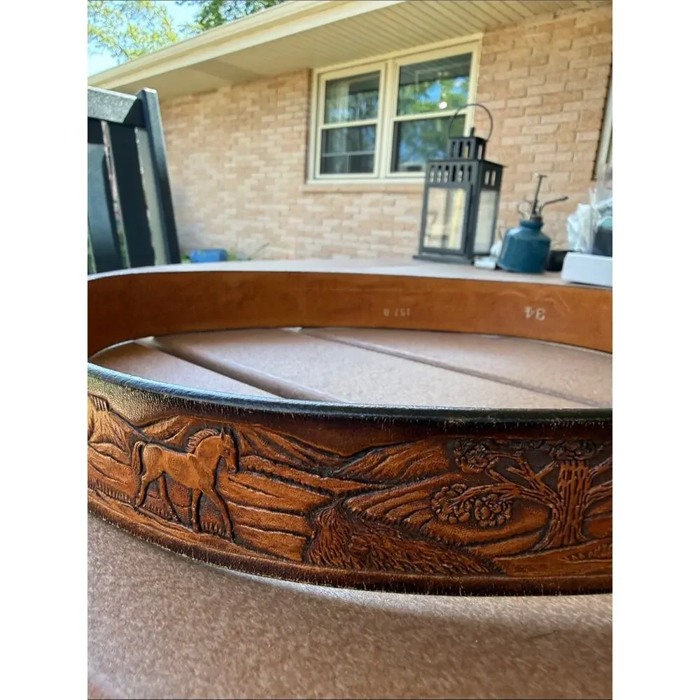Tooled Leather Western Horse Belt Size 34 Brown Silver
